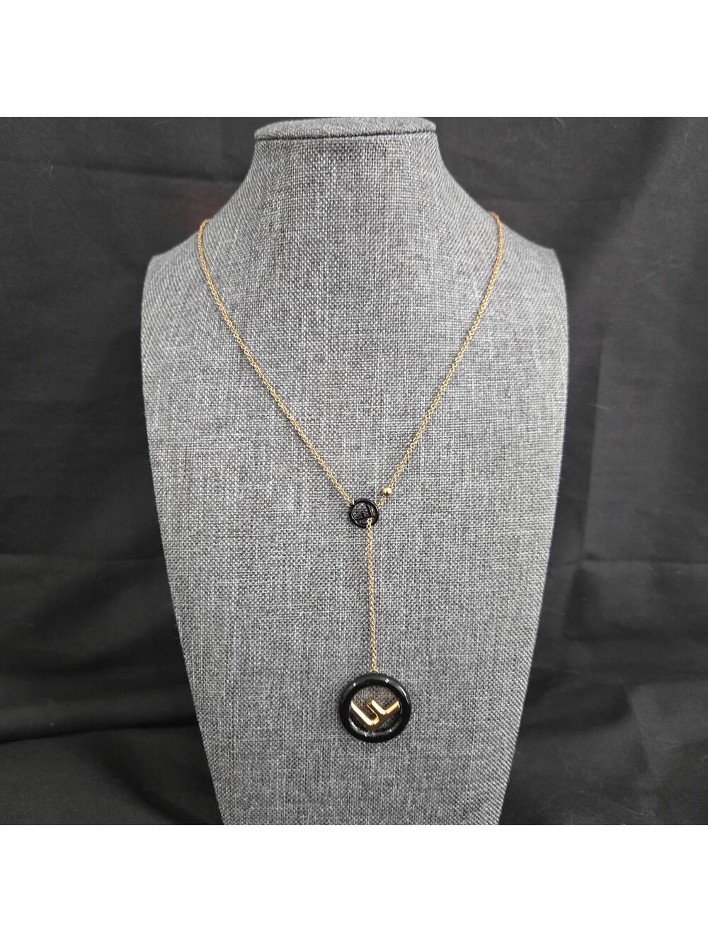 F is Fendi Gold Tone Black Enamel Lariat Necklace Designer Logo Pendant Delicate
